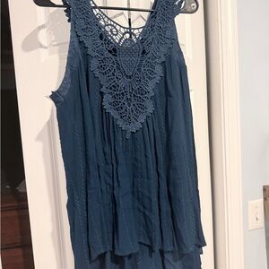 Crochet Yoke Sleeveless Boho Top - Teal Blue